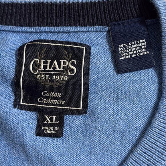 CHAPS mens size XL blue v neck cotton cashmere pullover sweater tiny pull shown - Picture 8 of 11